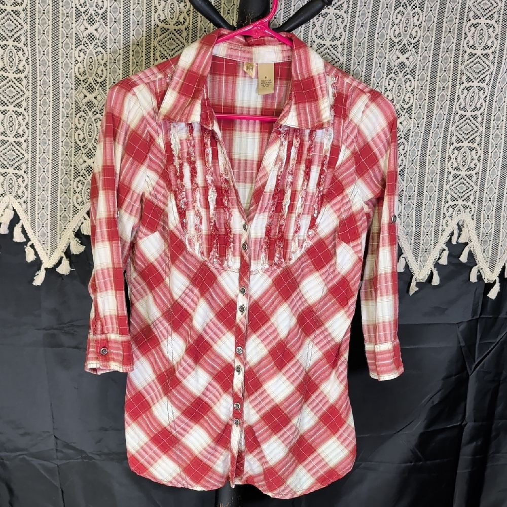 BKE Ladies Medium Plaid Blouse Shirt Bling M